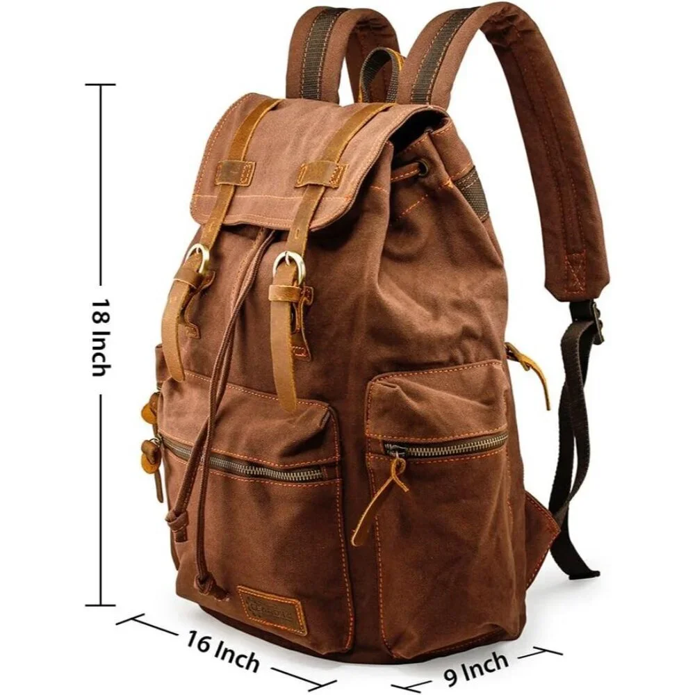 🆕GEARONIC Vintage Canvas Backpack Leather Rucksack Knapsack 15inch Hiking Bag